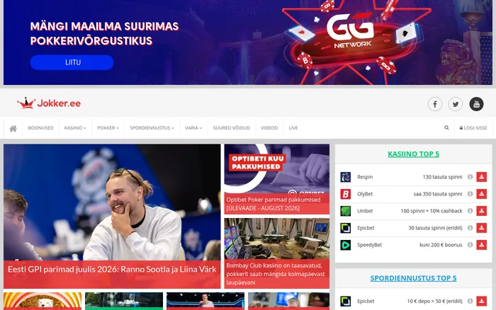 Screenshot of jokker.ee — poker and sports news portal