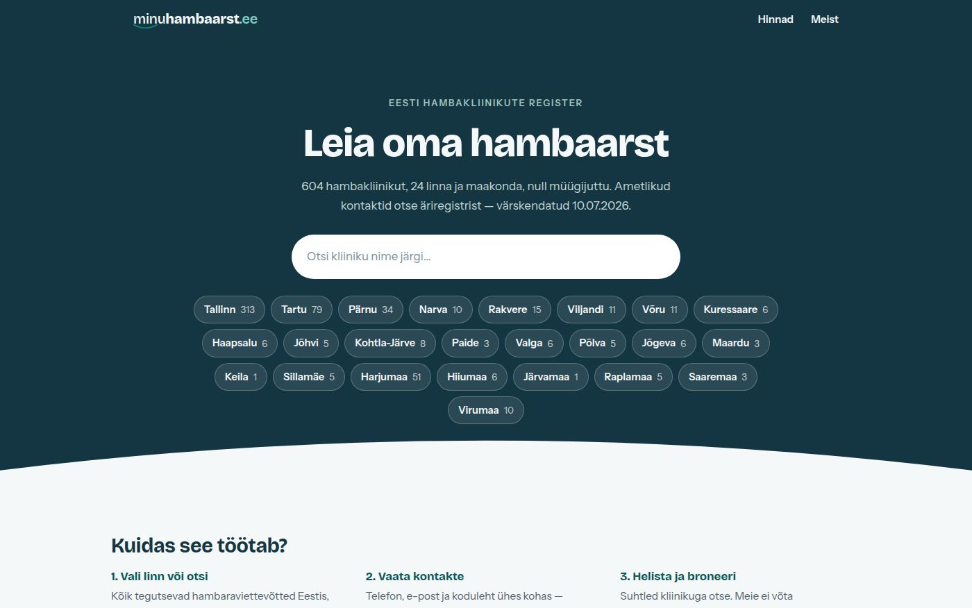 Screenshot of minuhambaarst.ee — dental clinic directory